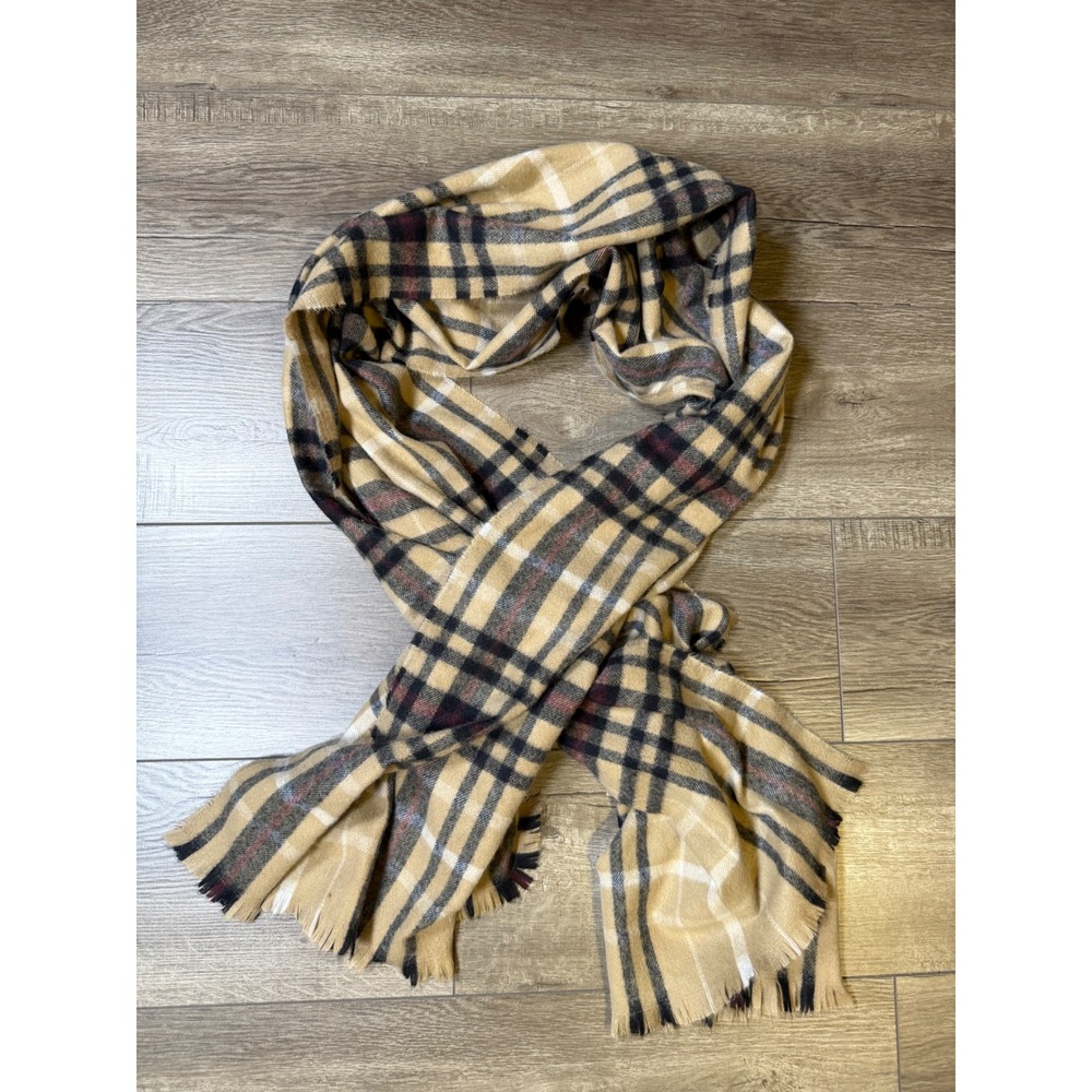 Banana Republic Tan Plaid Fringed Scarf One Size Beige Black Red Tartan Wrap